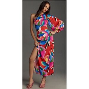 FARM Rio One-Shoulder Midi Dress in Bold Floral Red